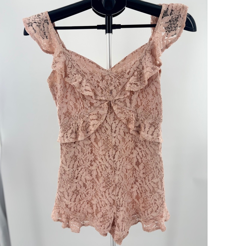 Women Lace Romper Playsuit Pink Ruffle V-Neck Sleeveless Floral Mini Small Pink